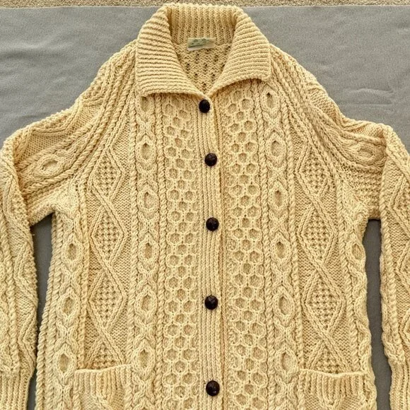 Vintage Irish Wool Sweater Hand Knit Cardigan Collar Ivory Chunky Fisherman READ - Picture 5 of 16